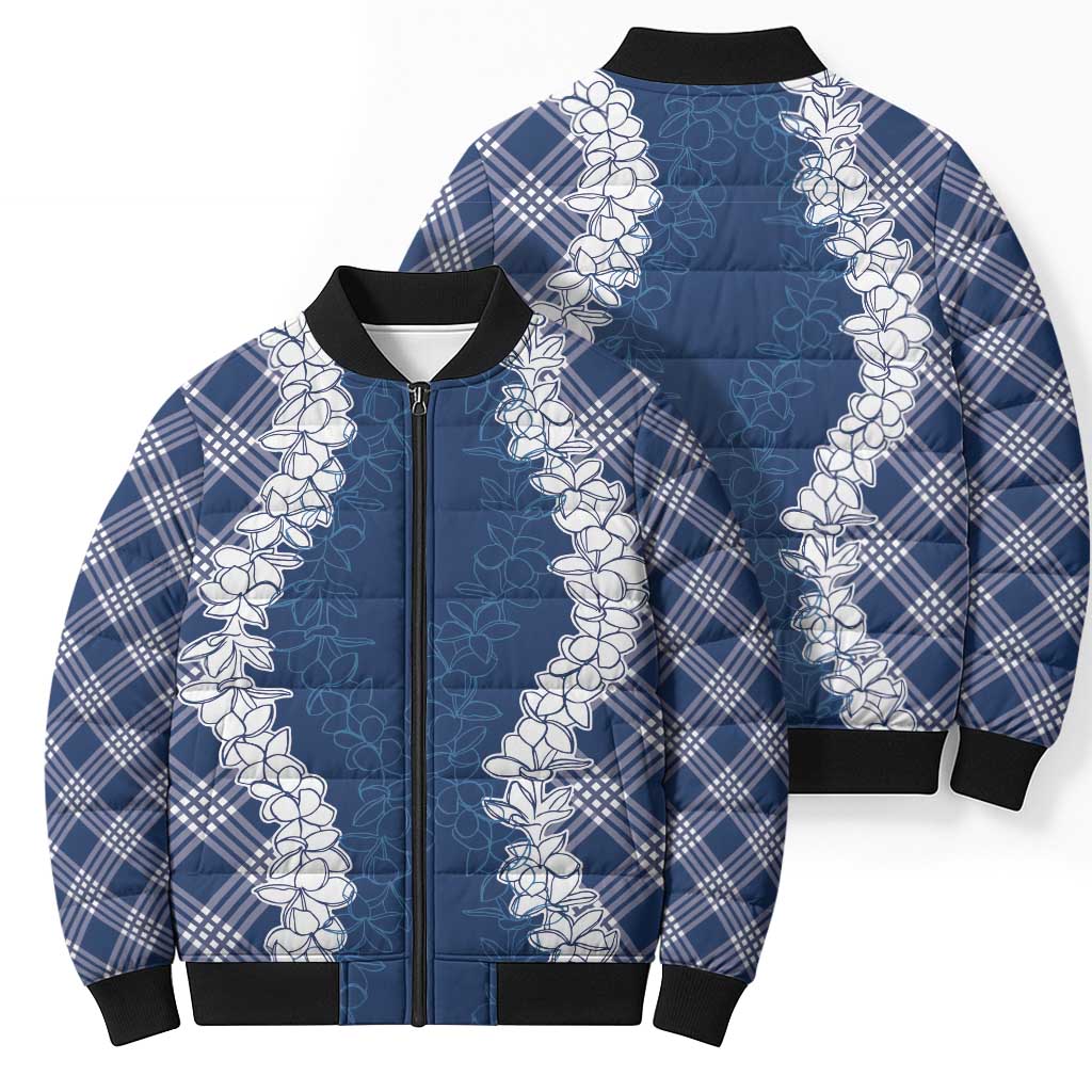 Hawaii Aloha Plumeria Lei Navy Palaka Bomber Puffer Jacket - Polynesian Pride