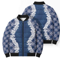 Hawaii Aloha Plumeria Lei Navy Palaka Bomber Puffer Jacket - Polynesian Pride