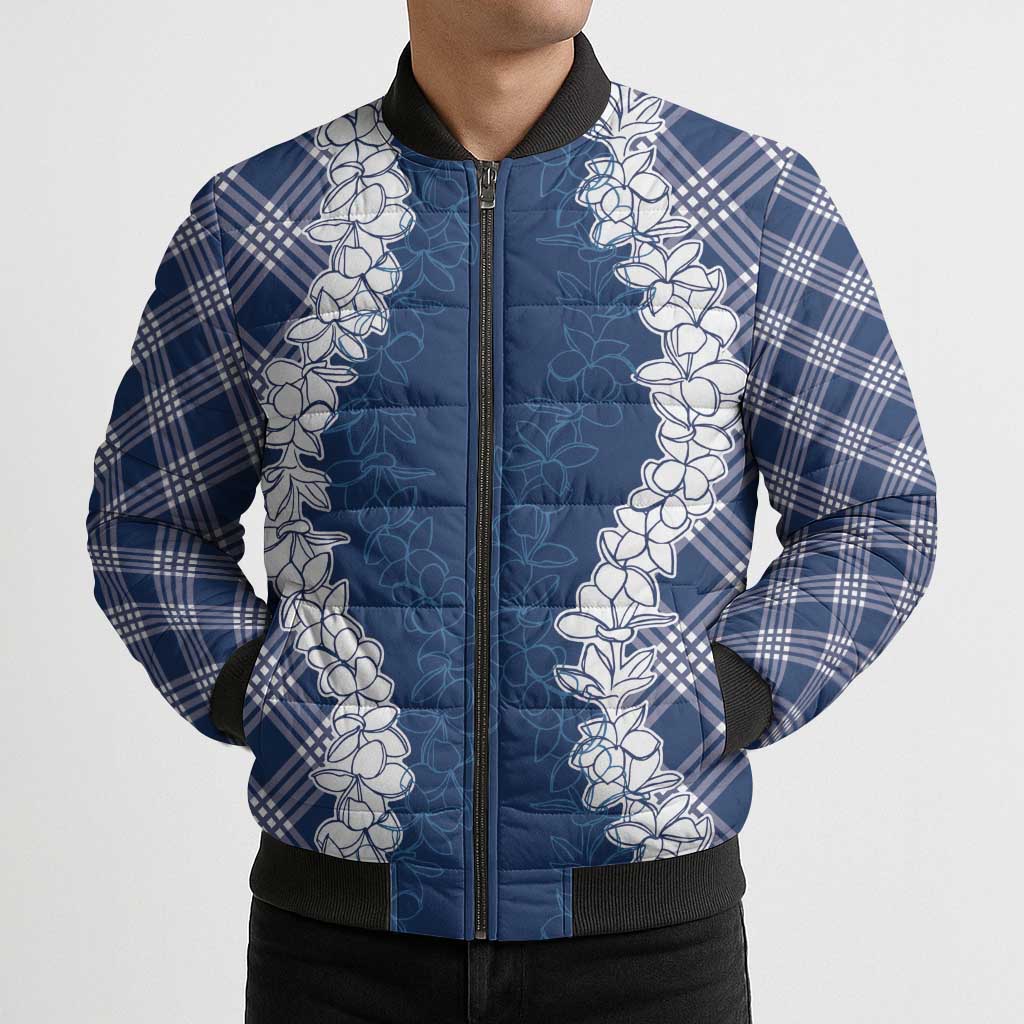 Hawaii Aloha Plumeria Lei Navy Palaka Bomber Puffer Jacket - Polynesian Pride