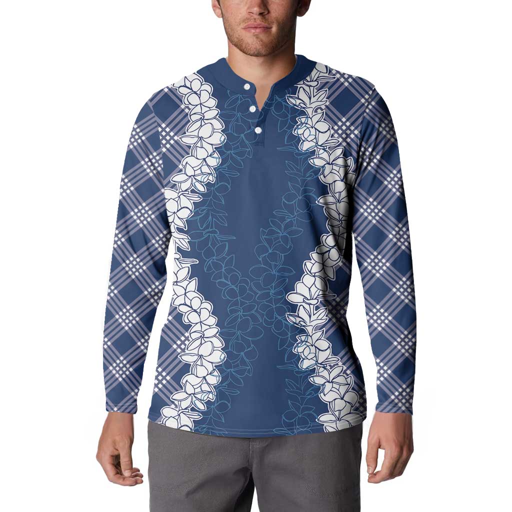 Hawaii Aloha Plumeria Lei Navy Palaka Button Sweatshirt - Polynesian Pride