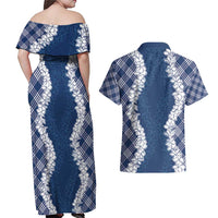 Hawaii Aloha Plumeria Lei Navy Palaka Couples Matching Off Shoulder Maxi Dress and Hawaiian Shirt - Polynesian Pride