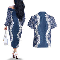 Hawaii Aloha Plumeria Lei Navy Palaka Couples Matching Off The Shoulder Long Sleeve Dress and Hawaiian Shirt - Polynesian Pride