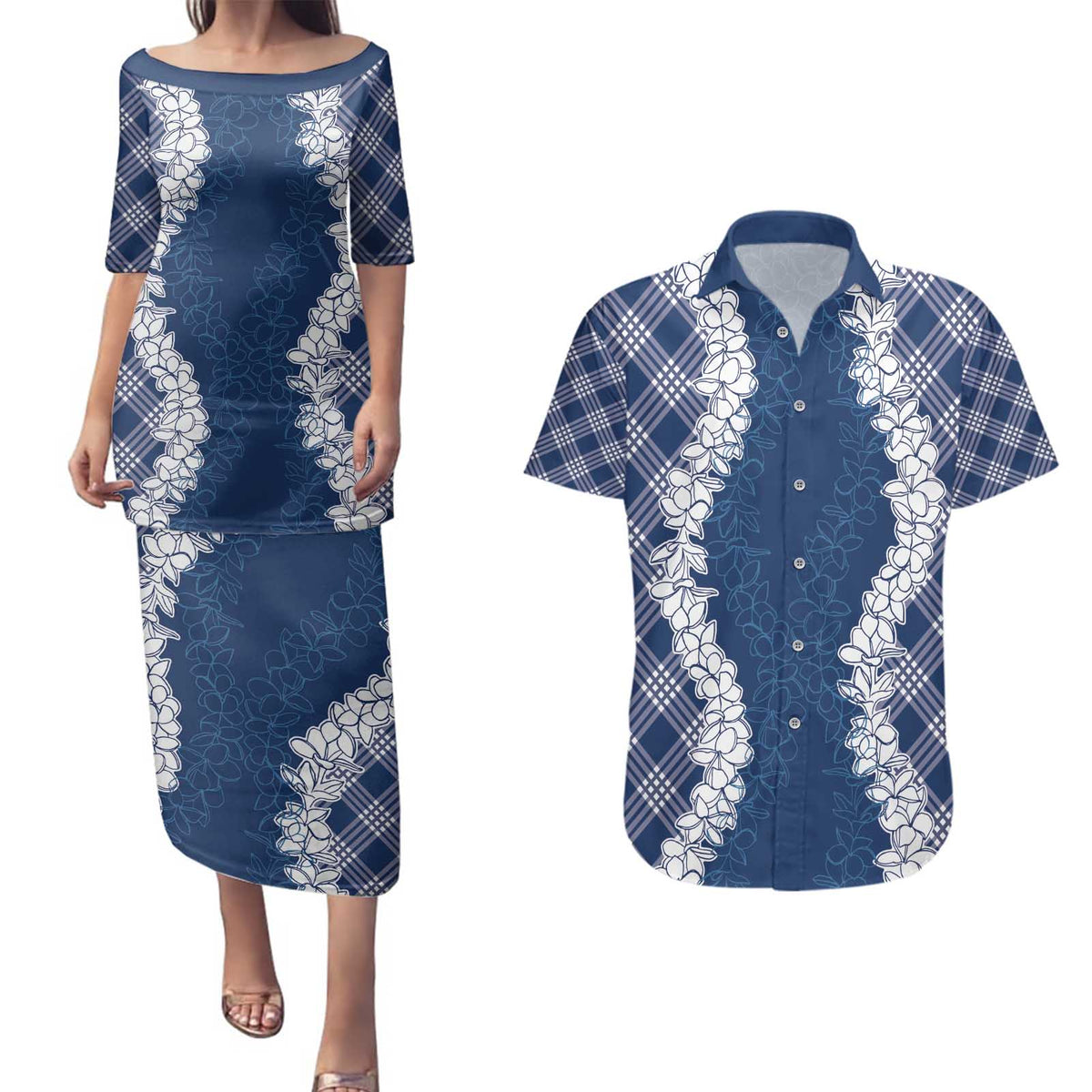 Hawaii Aloha Plumeria Lei Navy Palaka Couples Matching Puletasi and Hawaiian Shirt - Polynesian Pride