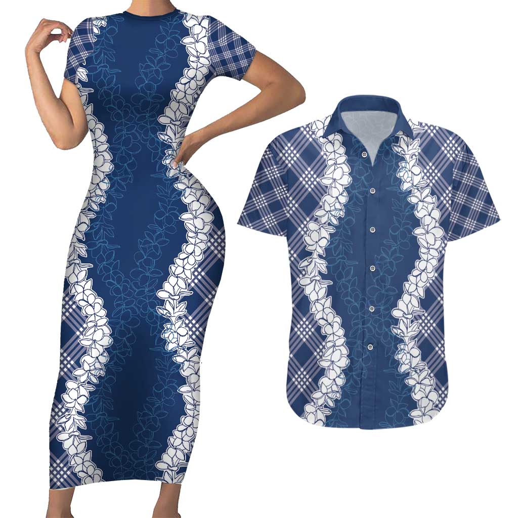 Hawaii Aloha Plumeria Lei Navy Palaka Couples Matching Short Sleeve Bodycon Dress and Hawaiian Shirt - Polynesian Pride