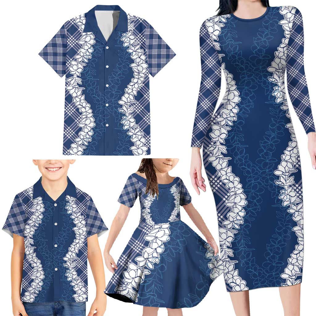 Hawaii Aloha Plumeria Lei Navy Palaka Family Matching Long Sleeve Bodycon Dress and Hawaiian Shirt - Polynesian Pride