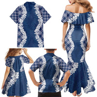 Hawaii Aloha Plumeria Lei Navy Palaka Family Matching Mermaid Dress and Hawaiian Shirt - Polynesian Pride