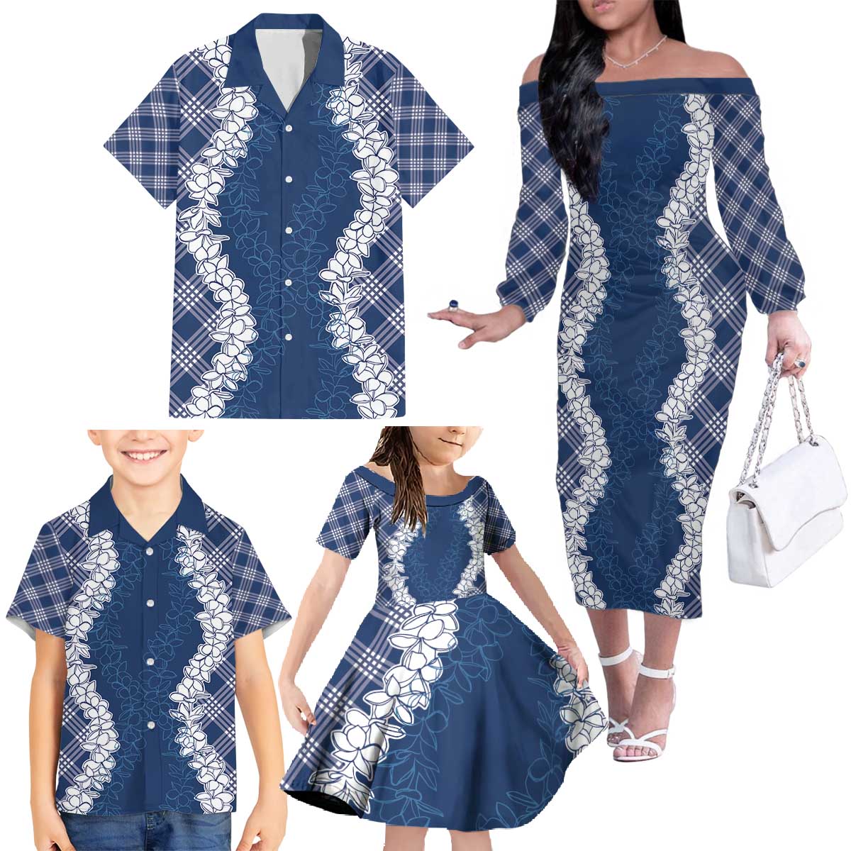 Hawaii Aloha Plumeria Lei Navy Palaka Family Matching Off The Shoulder Long Sleeve Dress and Hawaiian Shirt - Polynesian Pride