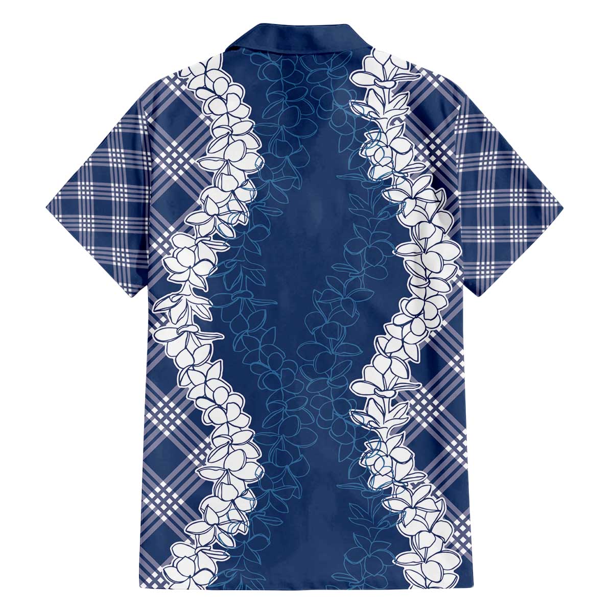 Hawaii Aloha Plumeria Lei Navy Palaka Family Matching Off The Shoulder Long Sleeve Dress and Hawaiian Shirt - Polynesian Pride