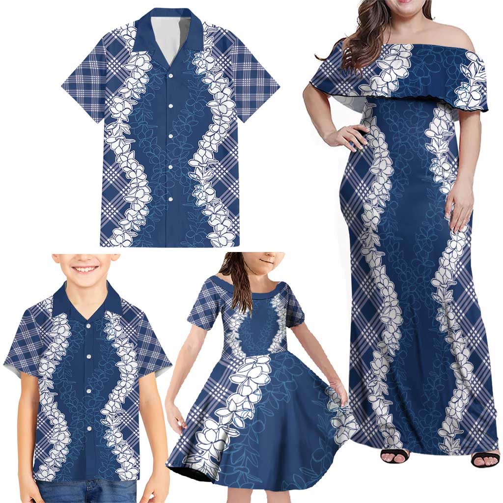 Hawaii Aloha Plumeria Lei Navy Palaka Family Matching Off Shoulder Maxi Dress and Hawaiian Shirt - Polynesian Pride