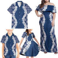 Hawaii Aloha Plumeria Lei Navy Palaka Family Matching Off Shoulder Maxi Dress and Hawaiian Shirt - Polynesian Pride
