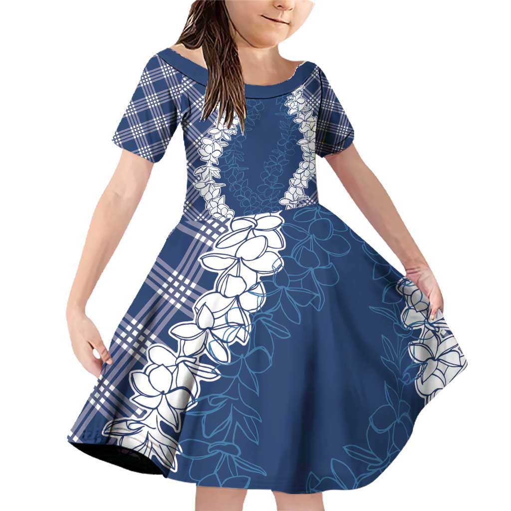 Hawaii Aloha Plumeria Lei Navy Palaka Family Matching Off Shoulder Short Dress and Hawaiian Shirt - Polynesian Pride