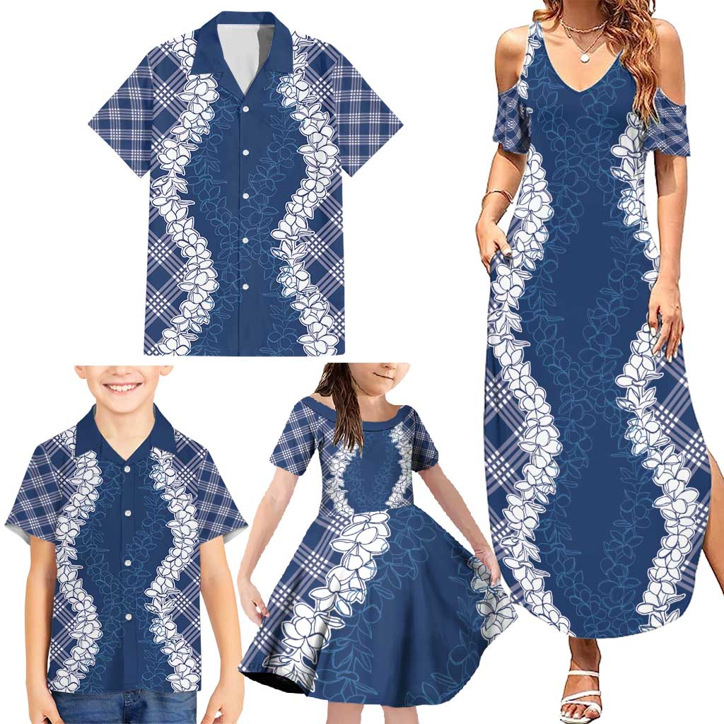 Hawaii Aloha Plumeria Lei Navy Palaka Family Matching Summer Maxi Dress and Hawaiian Shirt - Polynesian Pride