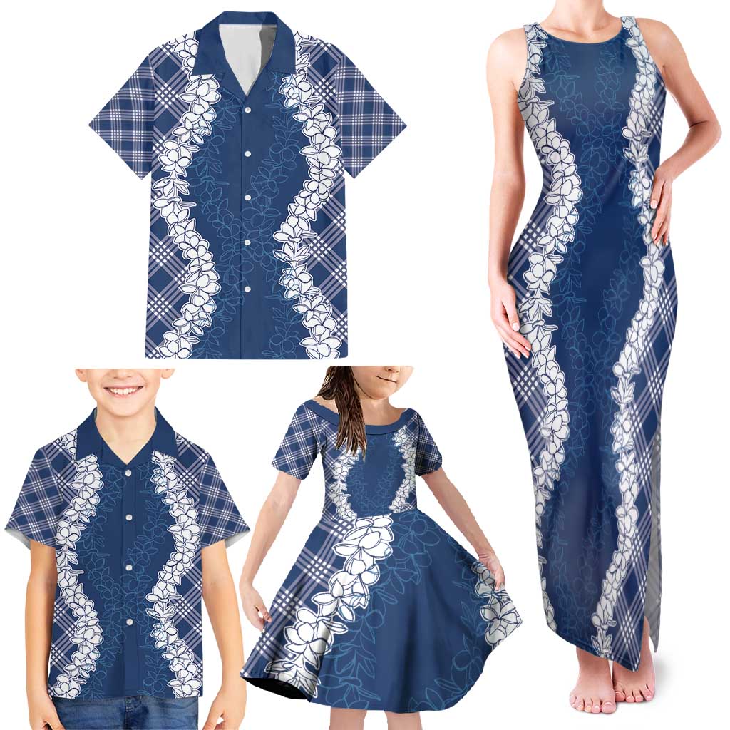 Hawaii Aloha Plumeria Lei Navy Palaka Family Matching Tank Maxi Dress and Hawaiian Shirt - Polynesian Pride