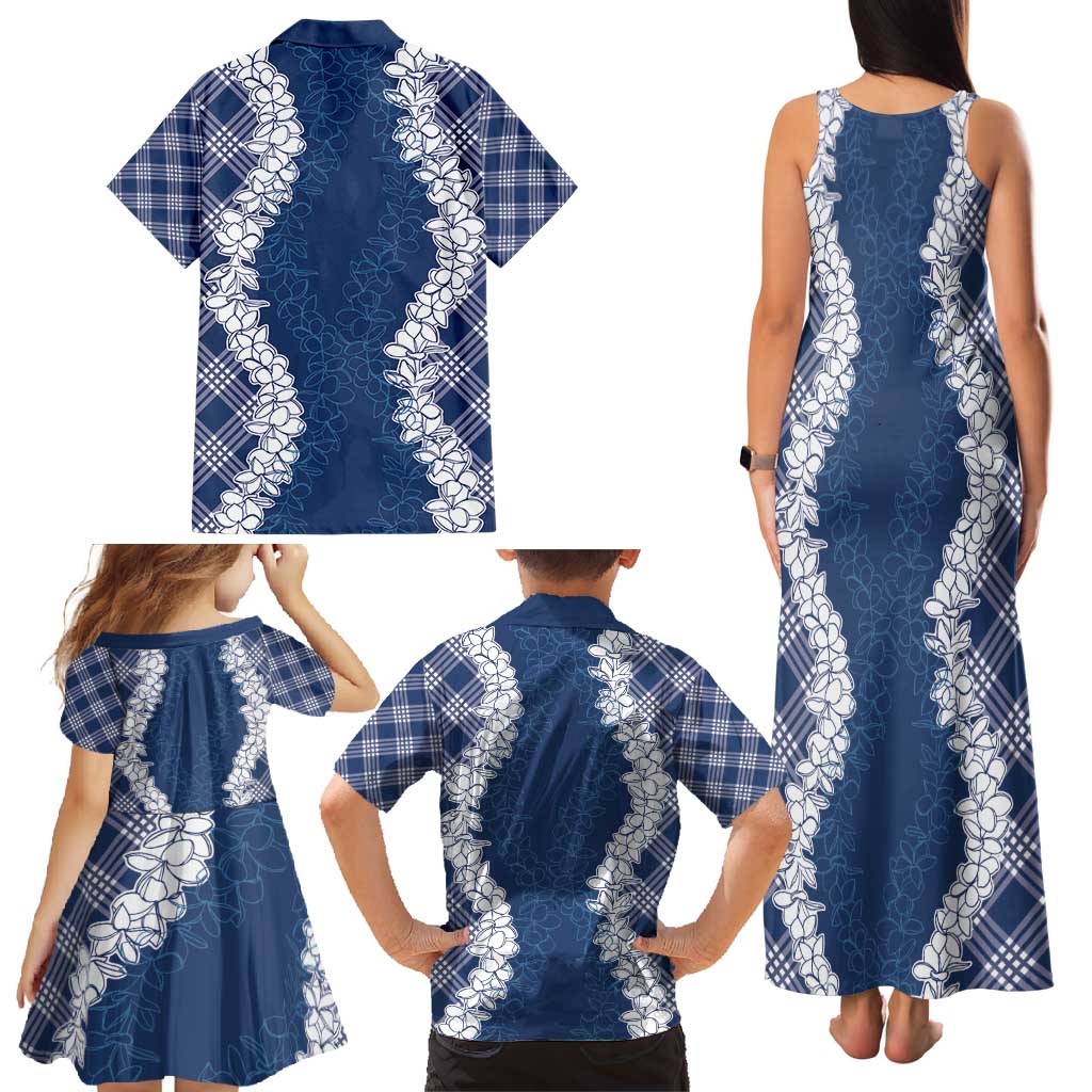 Hawaii Aloha Plumeria Lei Navy Palaka Family Matching Tank Maxi Dress and Hawaiian Shirt - Polynesian Pride
