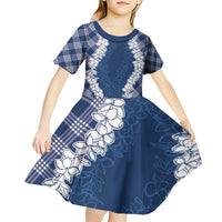 Hawaii Aloha Plumeria Lei Navy Palaka Kid Short Sleeve Dress - Polynesian Pride