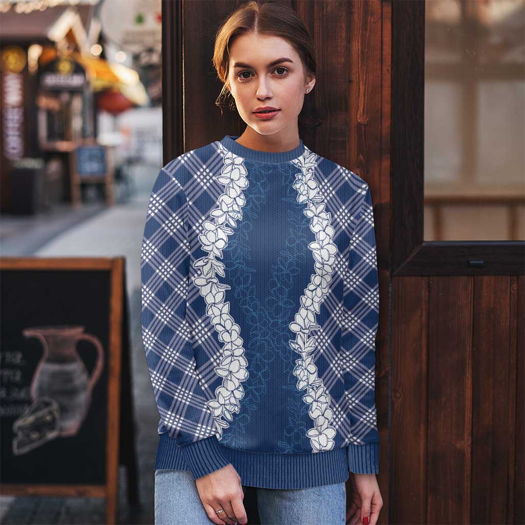 Hawaii Aloha Plumeria Lei Navy Palaka Ugly Christmas Sweater - Polynesian Pride