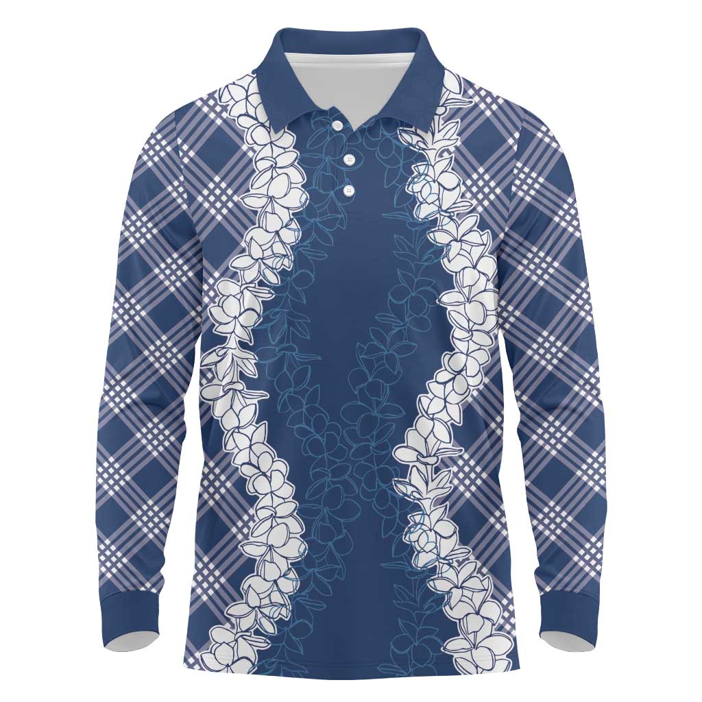 Hawaii Aloha Plumeria Lei Navy Palaka Long Sleeve Polo Shirt - Polynesian Pride