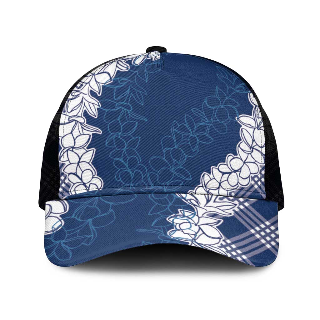Hawaii Aloha Plumeria Lei Navy Palaka Mesh Trucker Cap - Polynesian Pride