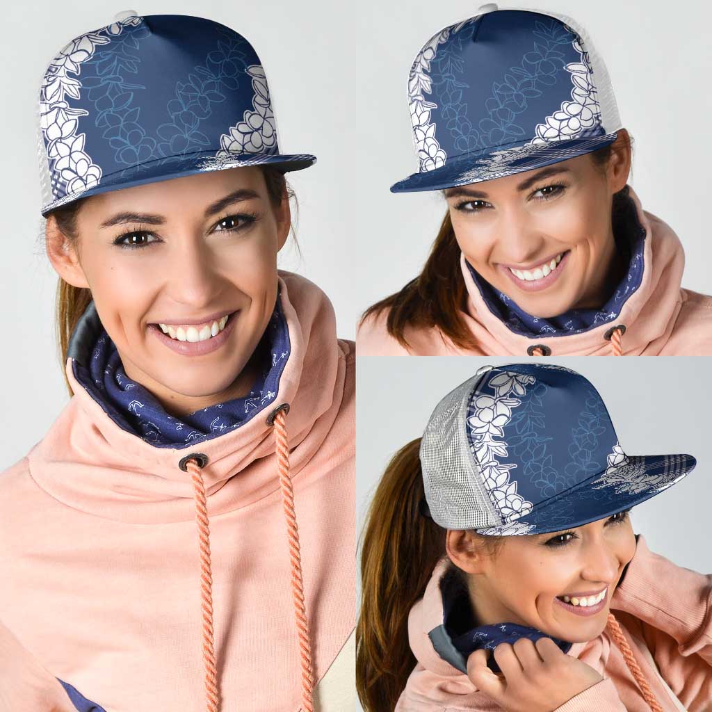 Hawaii Aloha Plumeria Lei Navy Palaka Mesh Trucker Cap - Polynesian Pride