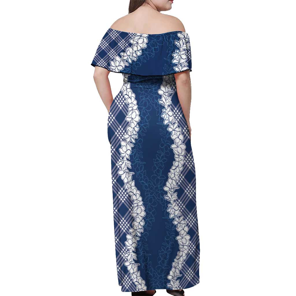 Hawaii Aloha Plumeria Lei Navy Palaka Off Shoulder Maxi Dress - Polynesian Pride