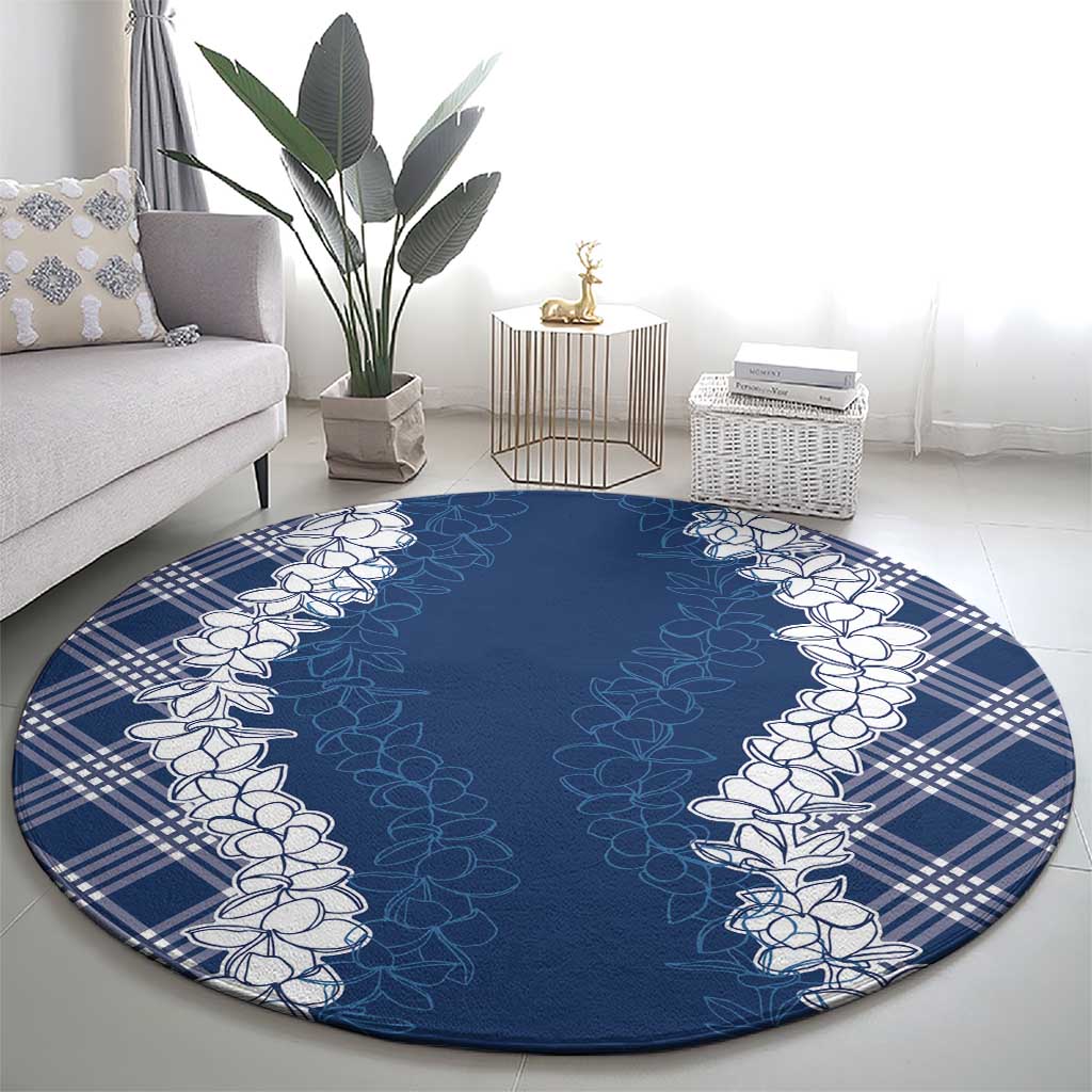 Hawaii Aloha Plumeria Lei Navy Palaka Round Carpet - Polynesian Pride