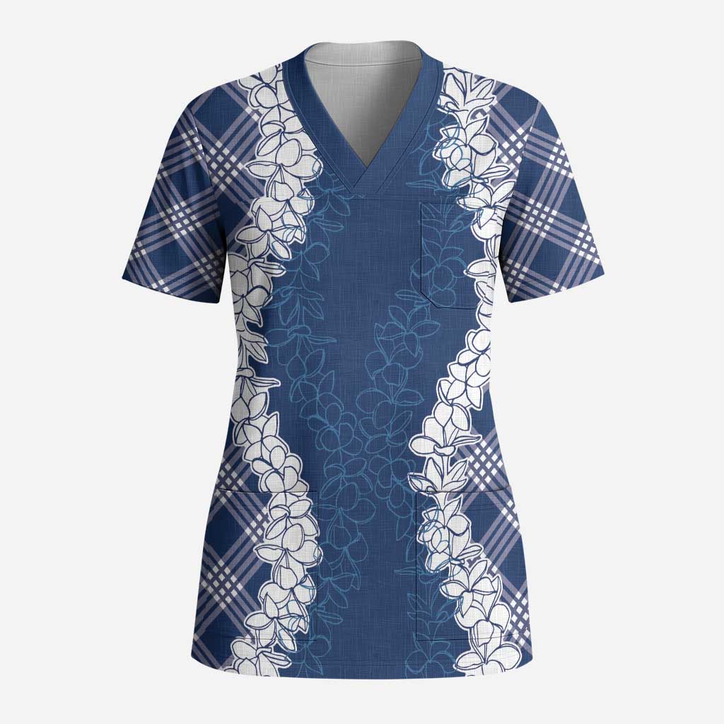 Hawaii Aloha Plumeria Lei Navy Palaka Scrub Top - Polynesian Pride