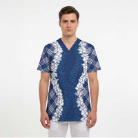 Hawaii Aloha Plumeria Lei Navy Palaka Scrub Top - Polynesian Pride
