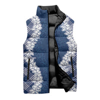 Hawaii Aloha Plumeria Lei Navy Palaka Sleeveless Puffer Jacket - Polynesian Pride
