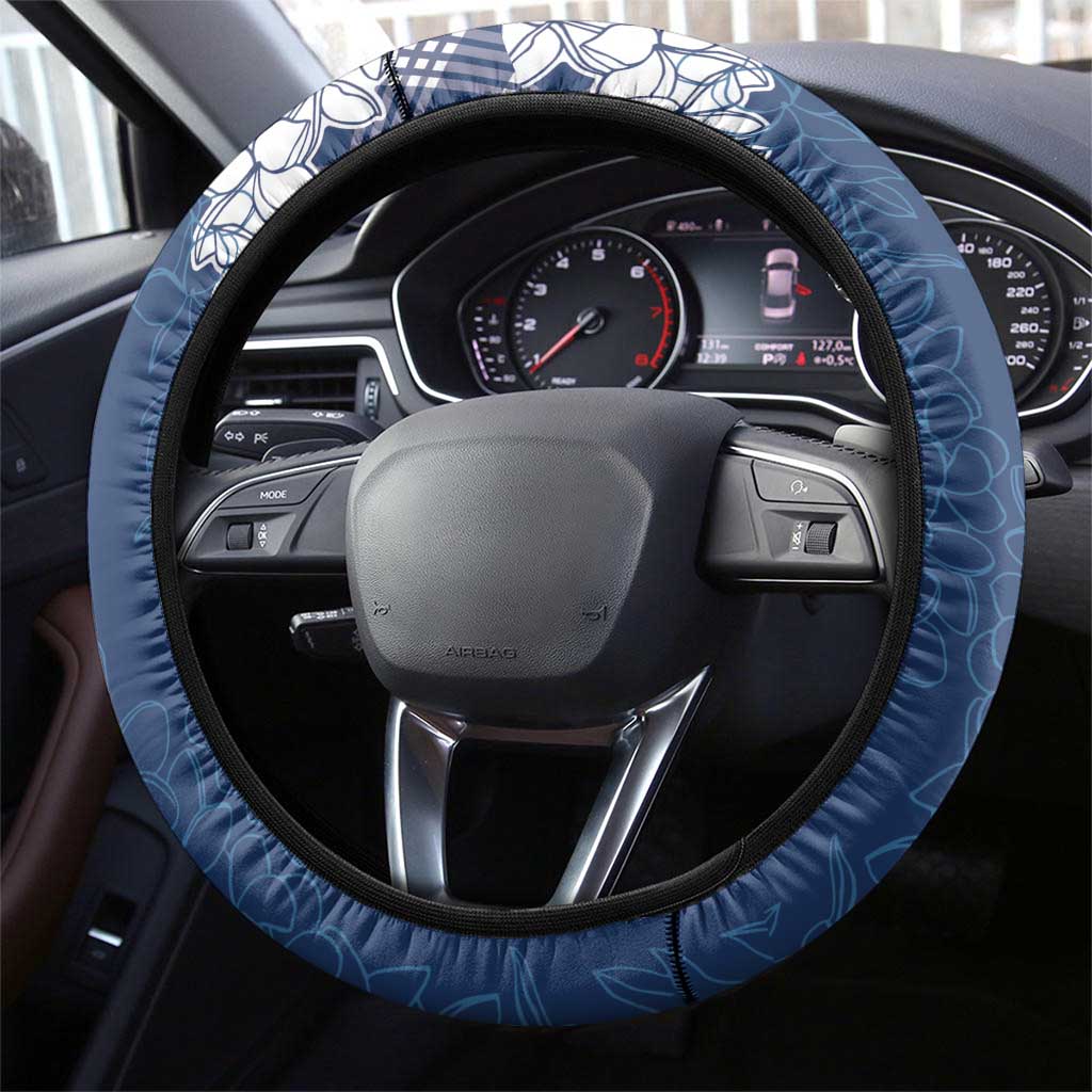Hawaii Aloha Plumeria Lei Navy Palaka Steering Wheel Cover LT7 - Polynesian Pride