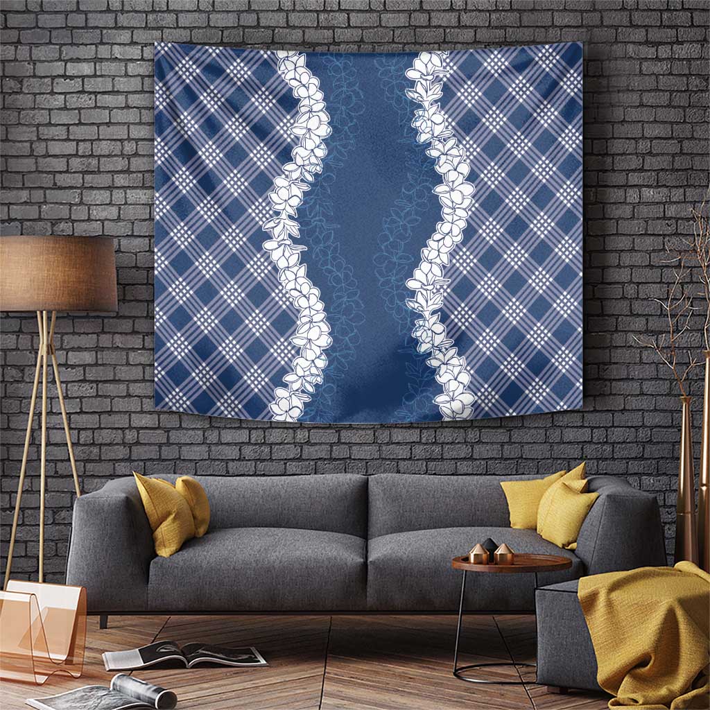 Hawaii Aloha Plumeria Lei Navy Palaka Tapestry - Polynesian Pride