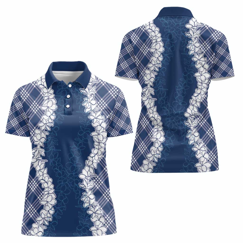 Hawaii Aloha Plumeria Lei Navy Palaka Women Polo Shirt - Polynesian Pride