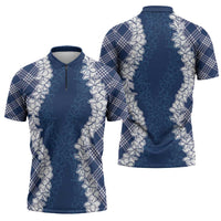 Hawaii Aloha Plumeria Lei Navy Palaka Zipper Polo Shirt - Polynesian Pride