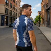 Hawaii Aloha Plumeria Lei Navy Palaka Zipper Polo Shirt - Polynesian Pride