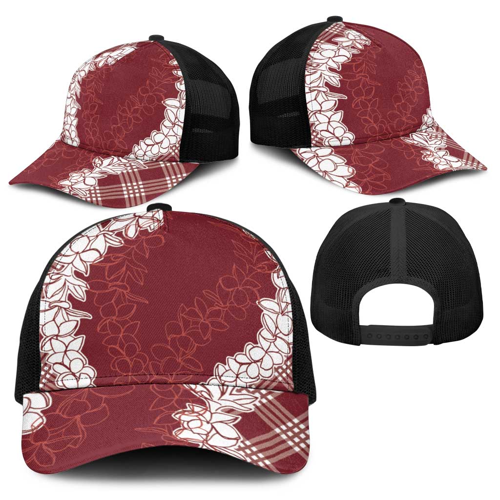 Hawaii Aloha Plumeria Lei Scarlet Palaka Baseball Net Cap - Polynesian Pride