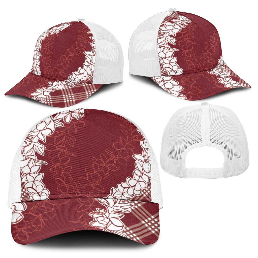 Hawaii Aloha Plumeria Lei Scarlet Palaka Baseball Net Cap - Polynesian Pride