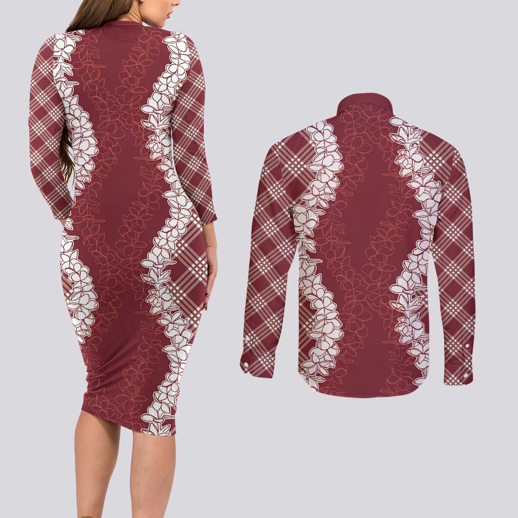 Hawaii Aloha Plumeria Lei Scarlet Palaka Couples Matching Long Sleeve Bodycon Dress and Long Sleeve Button Shirt - Polynesian Pride
