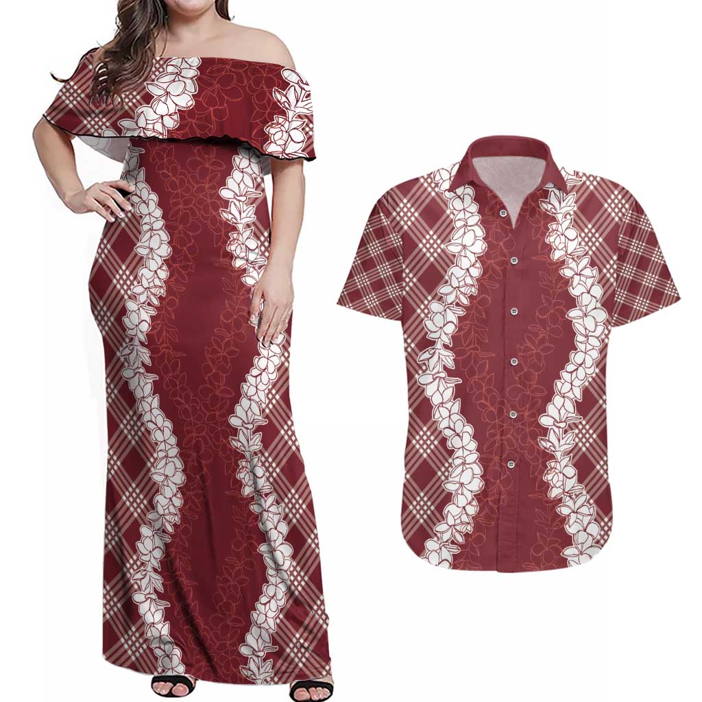 Hawaii Aloha Plumeria Lei Scarlet Palaka Couples Matching Off Shoulder Maxi Dress and Hawaiian Shirt - Polynesian Pride