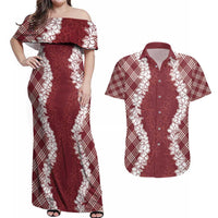 Hawaii Aloha Plumeria Lei Scarlet Palaka Couples Matching Off Shoulder Maxi Dress and Hawaiian Shirt - Polynesian Pride