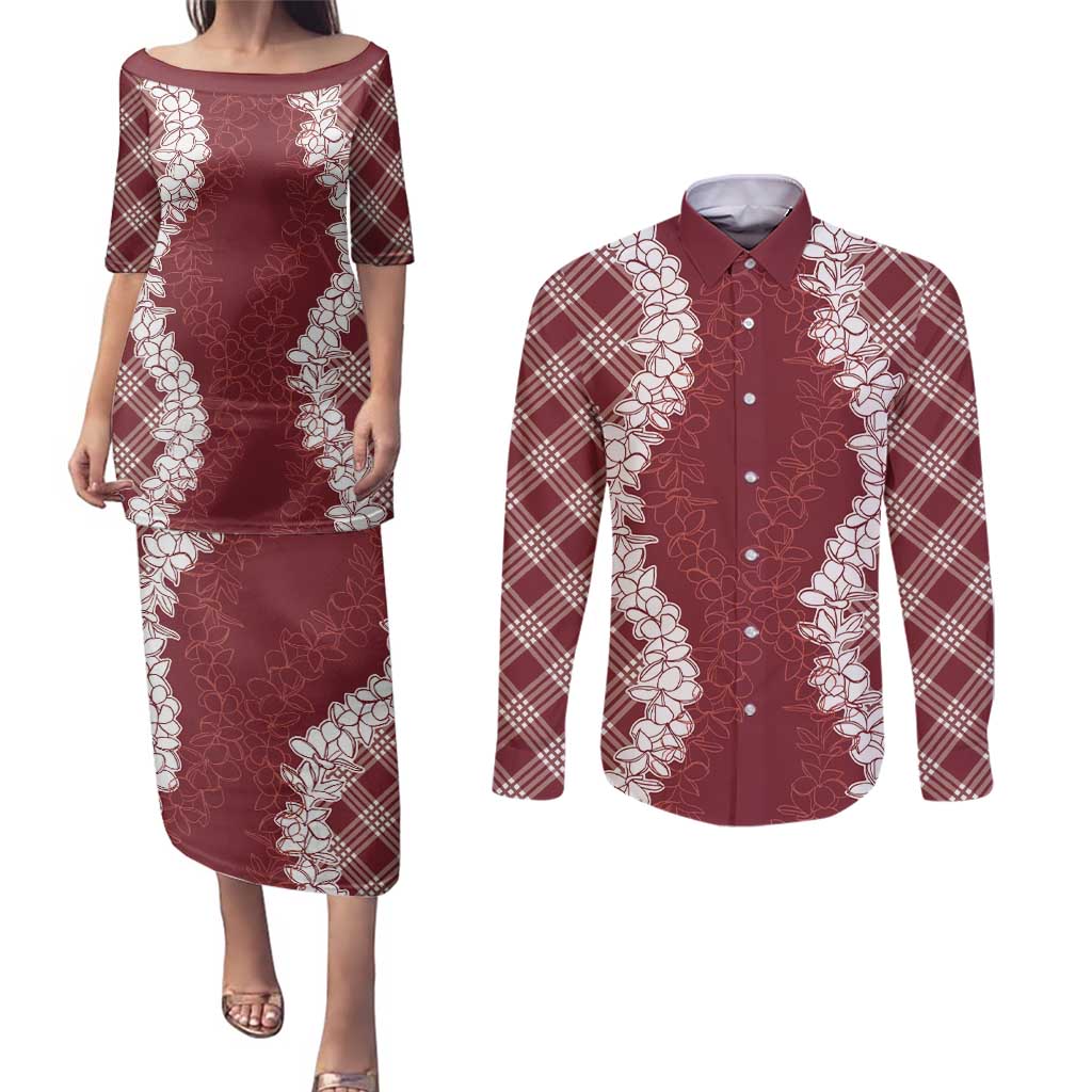 Hawaii Aloha Plumeria Lei Scarlet Palaka Couples Matching Puletasi and Long Sleeve Button Shirt - Polynesian Pride