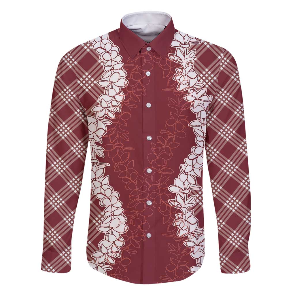 Hawaii Aloha Plumeria Lei Scarlet Palaka Family Matching Long Sleeve Bodycon Dress and Hawaiian Shirt - Polynesian Pride