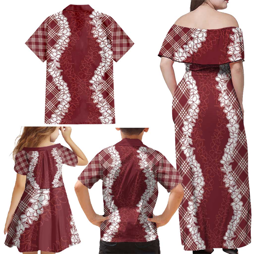 Hawaii Aloha Plumeria Lei Scarlet Palaka Family Matching Off Shoulder Maxi Dress and Hawaiian Shirt - Polynesian Pride