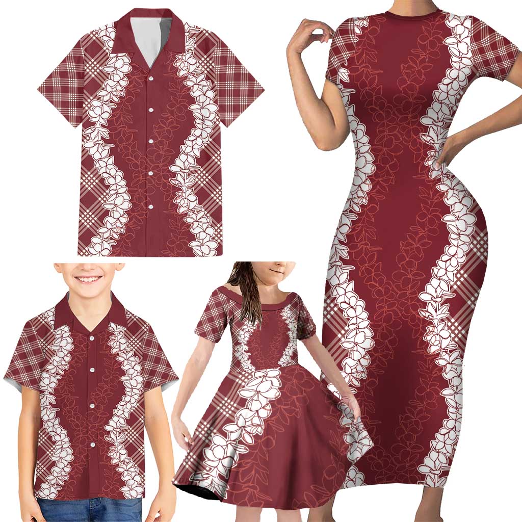 Hawaii Aloha Plumeria Lei Scarlet Palaka Family Matching Short Sleeve Bodycon Dress and Hawaiian Shirt - Polynesian Pride