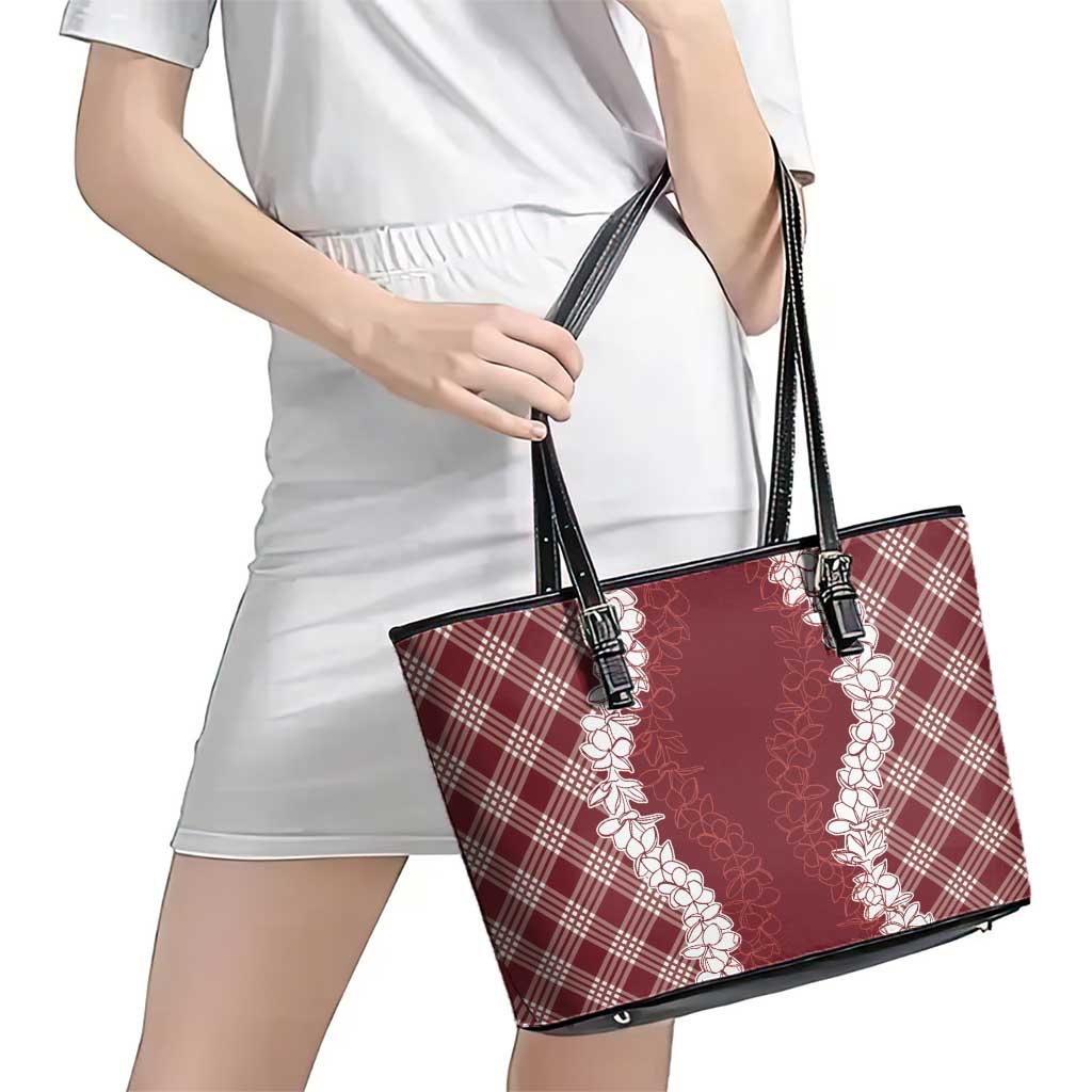 Hawaii Aloha Plumeria Lei Scarlet Palaka Leather Tote Bag LT7 - Polynesian Pride