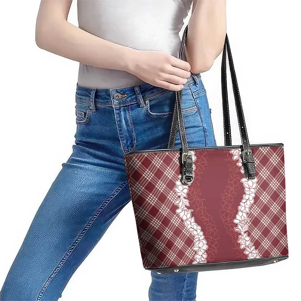 Hawaii Aloha Plumeria Lei Scarlet Palaka Leather Tote Bag LT7 - Polynesian Pride