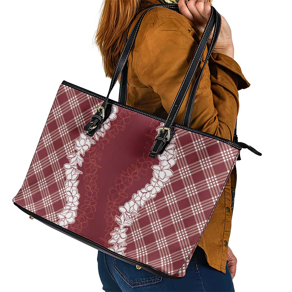 Hawaii Aloha Plumeria Lei Scarlet Palaka Leather Tote Bag LT7 - Polynesian Pride