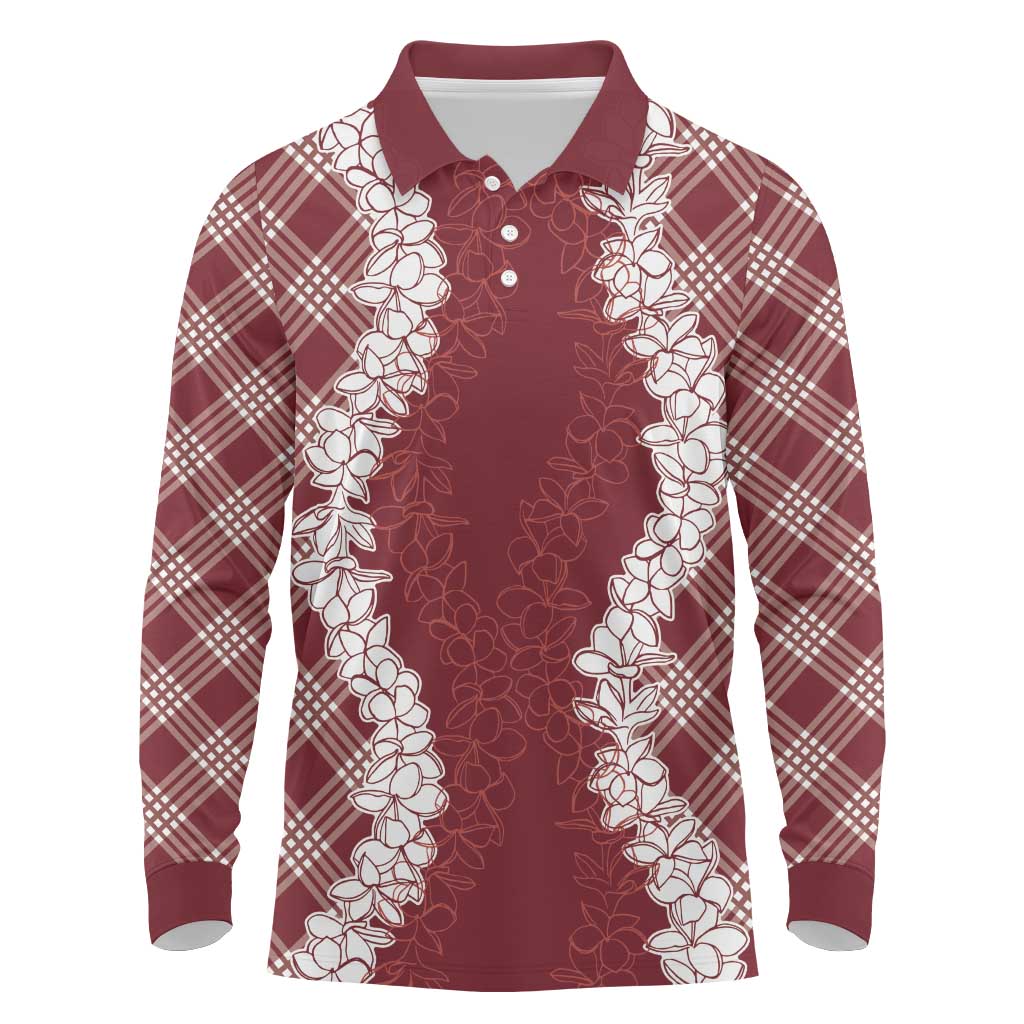 Hawaii Aloha Plumeria Lei Scarlet Palaka Long Sleeve Polo Shirt - Polynesian Pride