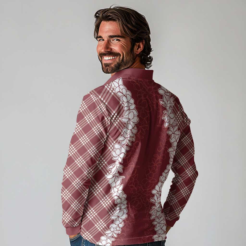 Hawaii Aloha Plumeria Lei Scarlet Palaka Long Sleeve Polo Shirt - Polynesian Pride