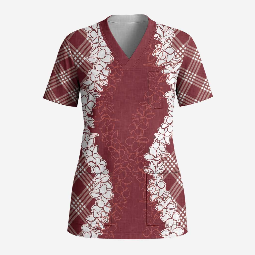 Hawaii Aloha Plumeria Lei Scarlet Palaka Scrub Top - Polynesian Pride