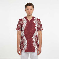 Hawaii Aloha Plumeria Lei Scarlet Palaka Scrub Top - Polynesian Pride