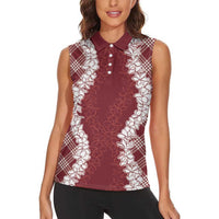 Hawaii Aloha Plumeria Lei Scarlet Palaka Women Sleeveless Polo Shirt - Polynesian Pride